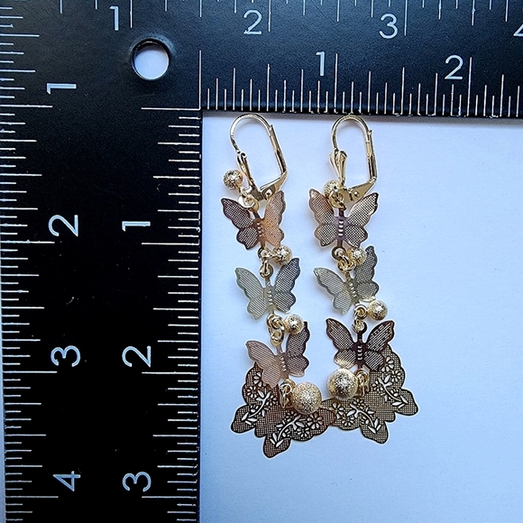 Gold Filled Tri Color Butterfly Dangle Earrings - Picture 5 of 5